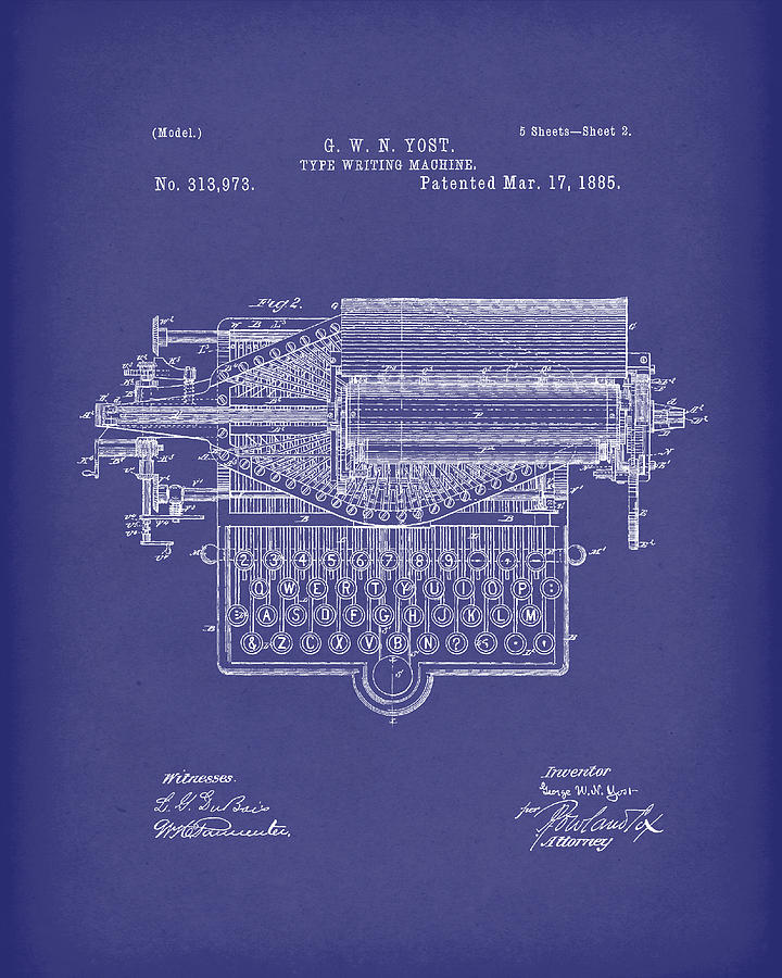 Type Writer 1885 Patent Art Blue Drawing by Prior Art Design