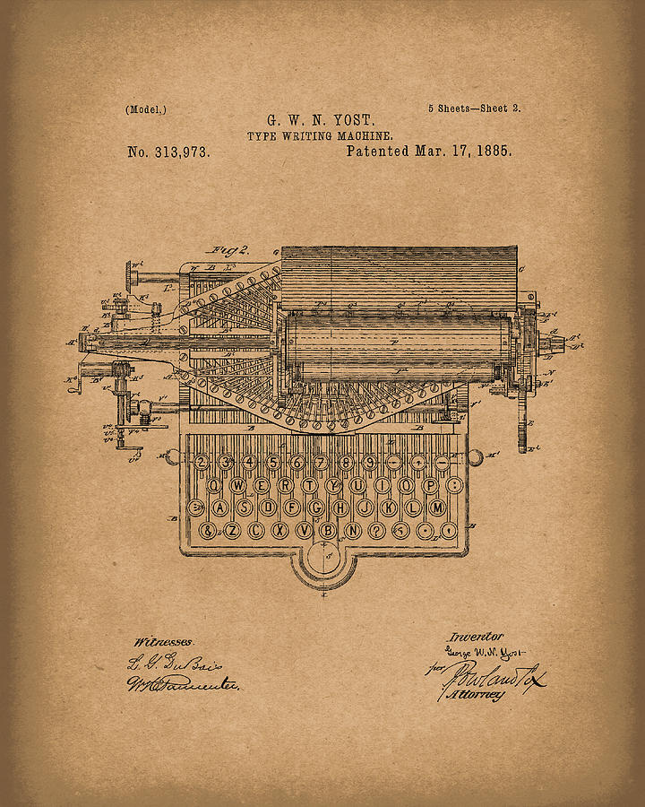 Type Writer 1885 Patent Art Brown Drawing by Prior Art Design
