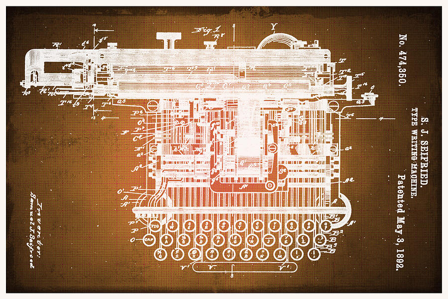 Type Writing Machine Patent Blueprint Drawings Sepia Mixed Media by Tony Rubino