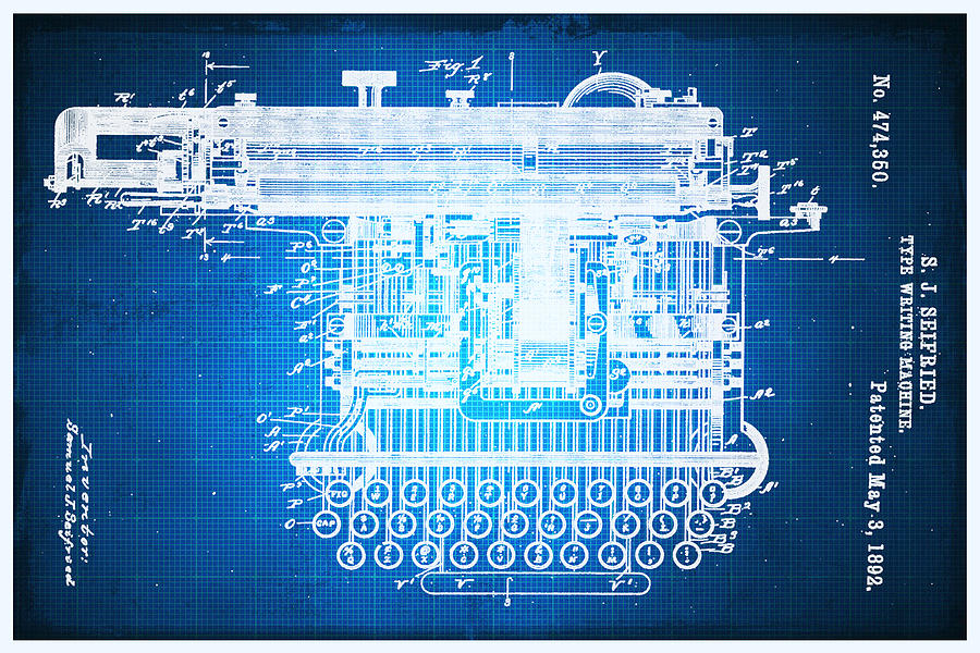 Type Writing Machine Patent Blueprint Drawing Mixed Media by Tony Rubino