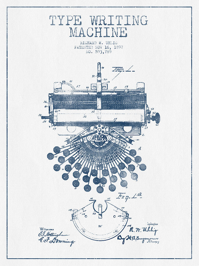 Typewriter Digital Art - Type Writing Machine Patent Drawing From 1897 - Blue Ink by Aged Pixel
