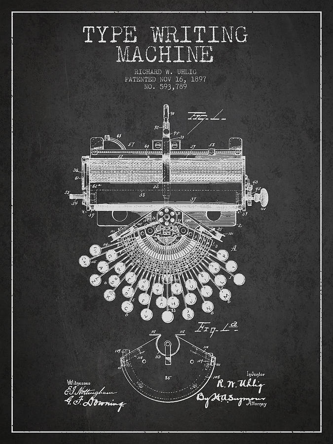 Typewriter Digital Art - Type Writing Machine Patent Drawing From 1897 - Dark by Aged Pixel