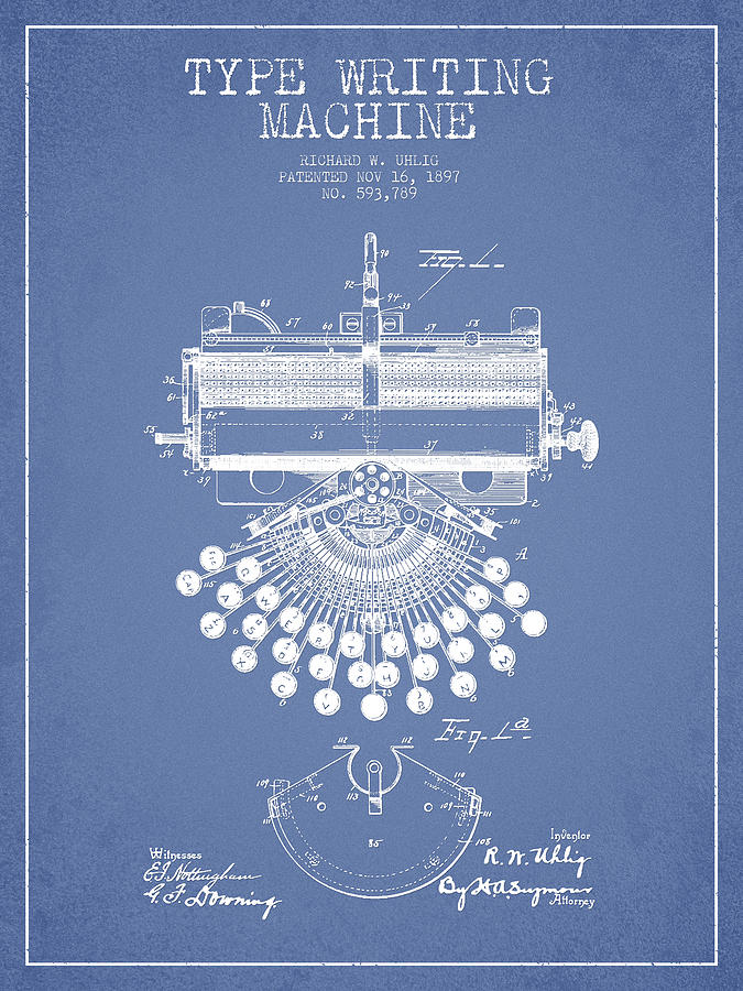 Typewriter Digital Art - Type Writing Machine Patent Drawing From 1897 - Light Blue by Aged Pixel