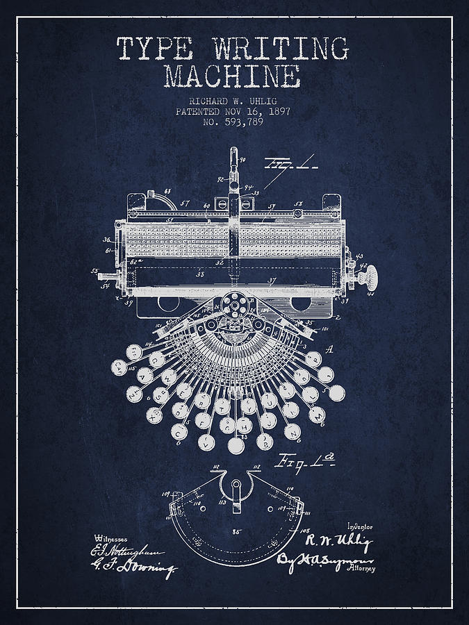 Typewriter Digital Art - Type Writing Machine Patent Drawing From 1897 - Navy Blue by Aged Pixel