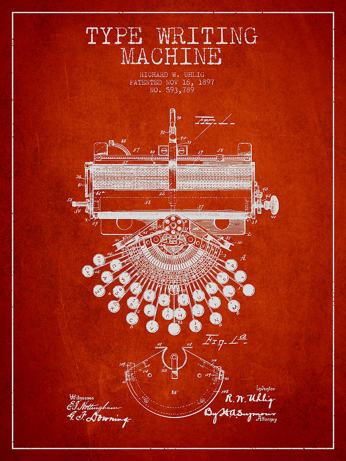 Typewriter Digital Art - Type Writing Machine Patent Drawing From 1897 - Red by Aged Pixel