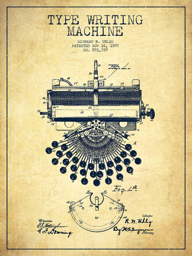 Typewriter Digital Art - Type Writing Machine Patent Drawing From 1897 - Vintage by Aged Pixel