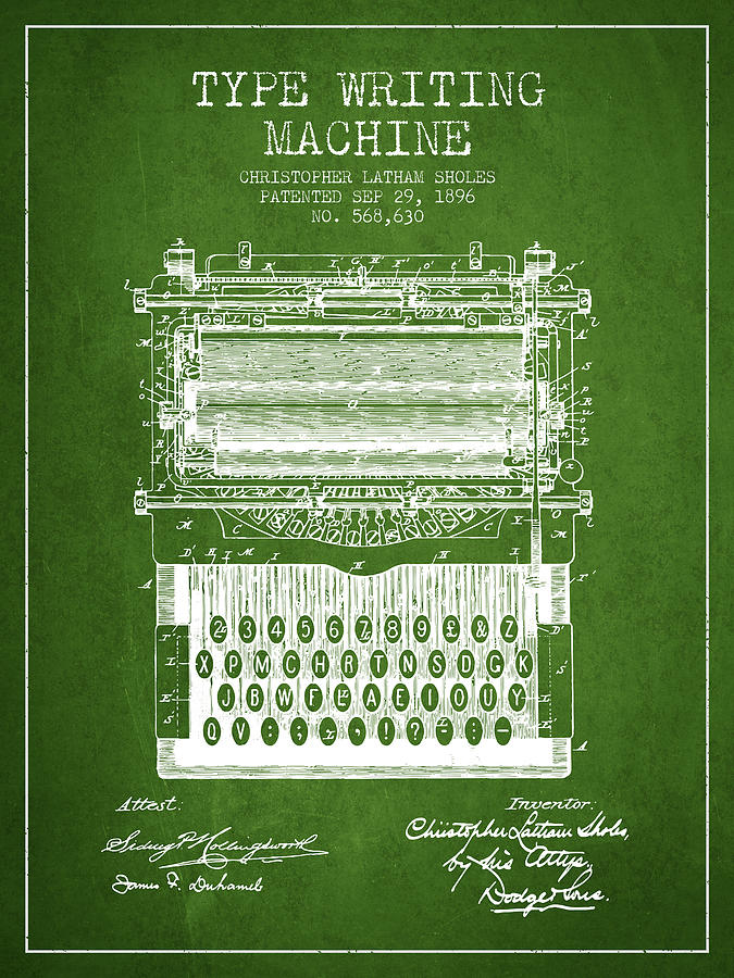 Vintage Digital Art - Type Writing Machine patent from 1896 - Green by Aged Pixel