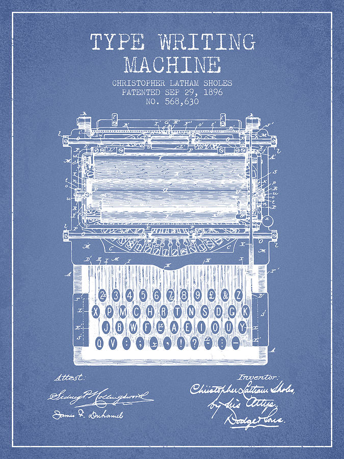 Vintage Digital Art - Type Writing Machine patent from 1896 - Light Blue by Aged Pixel