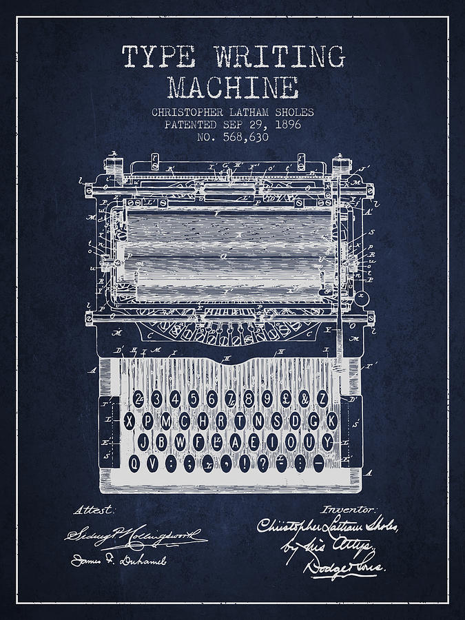 Type Writing Machine Patent From 1896 - Navy Blue Digital Art