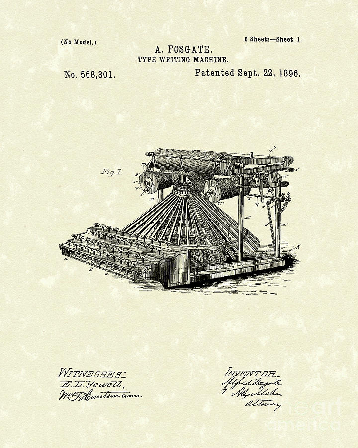 Typewriter 1896 Patent Art Drawing by Prior Art Design