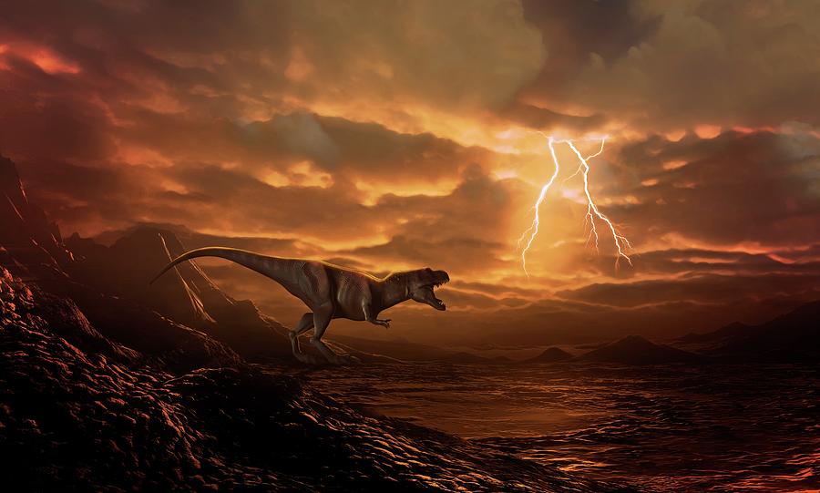 Prehistoric Photograph - Tyrannosaur Surveying Desolate Landscape by Mark Garlick/science Photo Library