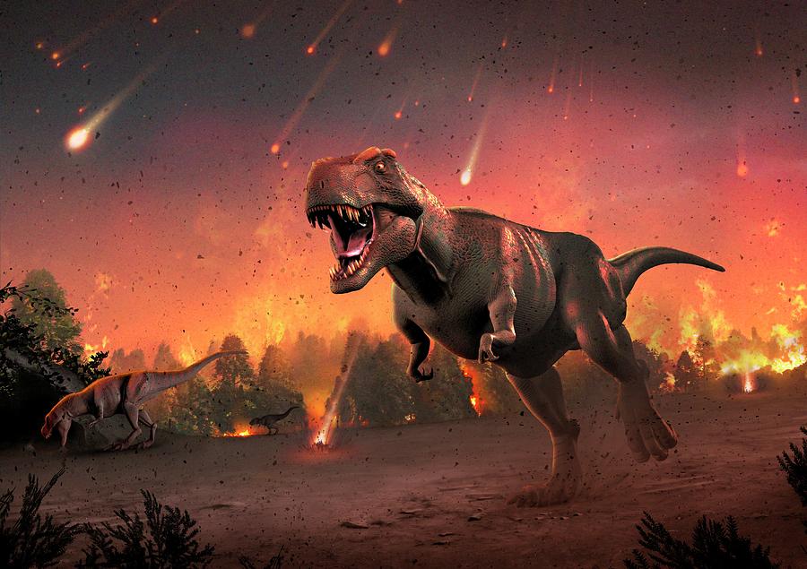 Prehistoric Photograph - Tyrannosaurs Fleeing A Hail Of Meteorites by Mark Garlick