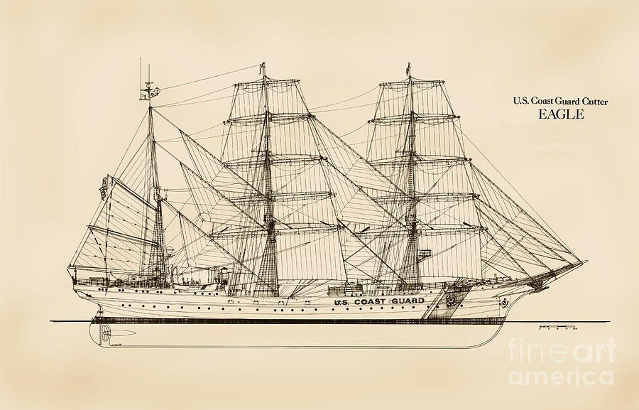 Eagle Drawing - U. S. Coast Guard Cutter Eagle - Sepia by Jerry McElroy