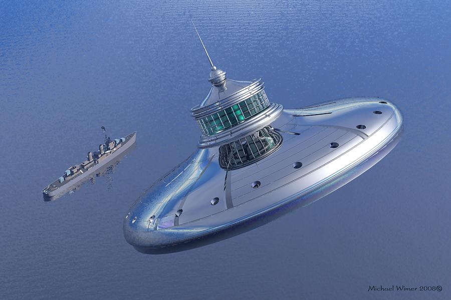 UFO above the USS Kid Digital Art by Michael Wimer