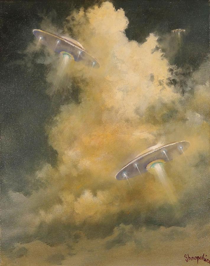 UFOs Breaking Cloud Cover Painting by Tom Shropshire