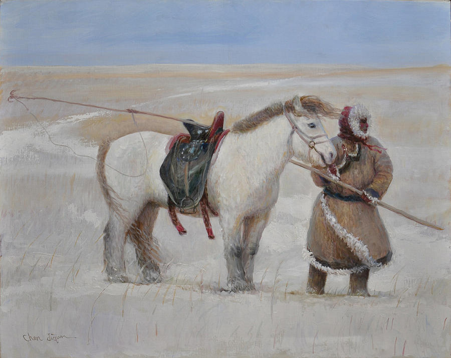 Ujumchin herdsmen in winter pastures Painting by Ji-qun Chen