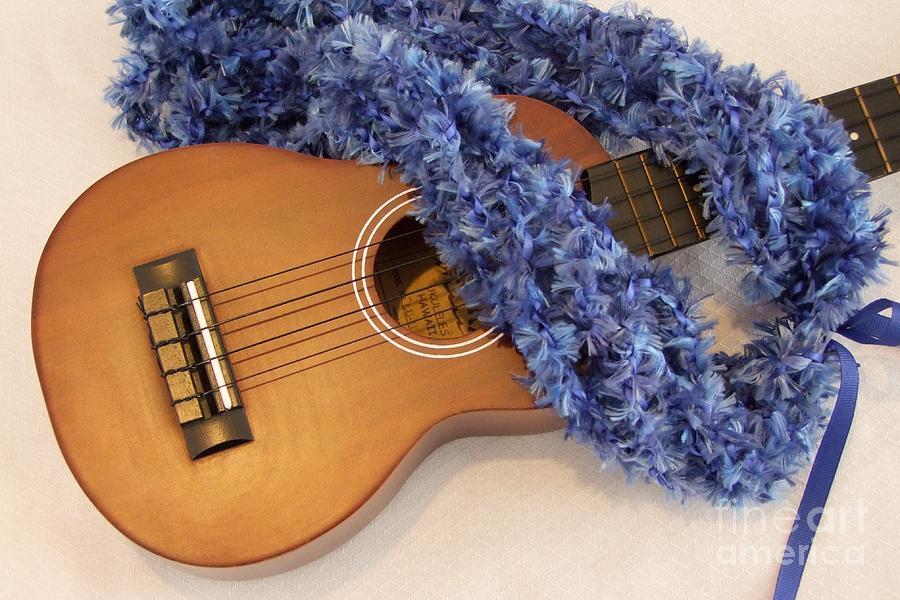 Musical Instrument Photograph - Ukulele and Blue Ribbon Lei by Mary Deal