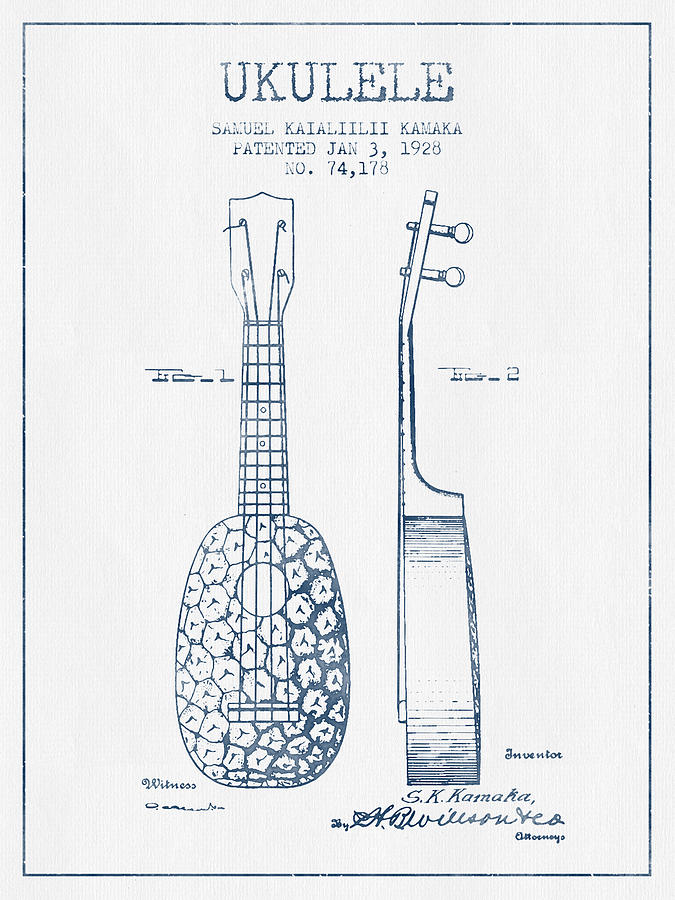 Ukulele Patent Drawing From 1928 - Blue Ink Digital Art
