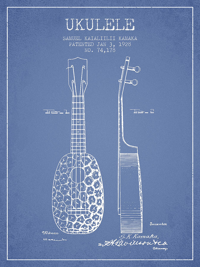 Ukulele Patent Drawing from 1928 - Light Blue Digital Art by Aged