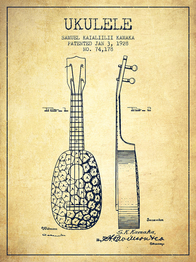 Ukulele Patent Drawing From 1928 - Vintage Digital Art
