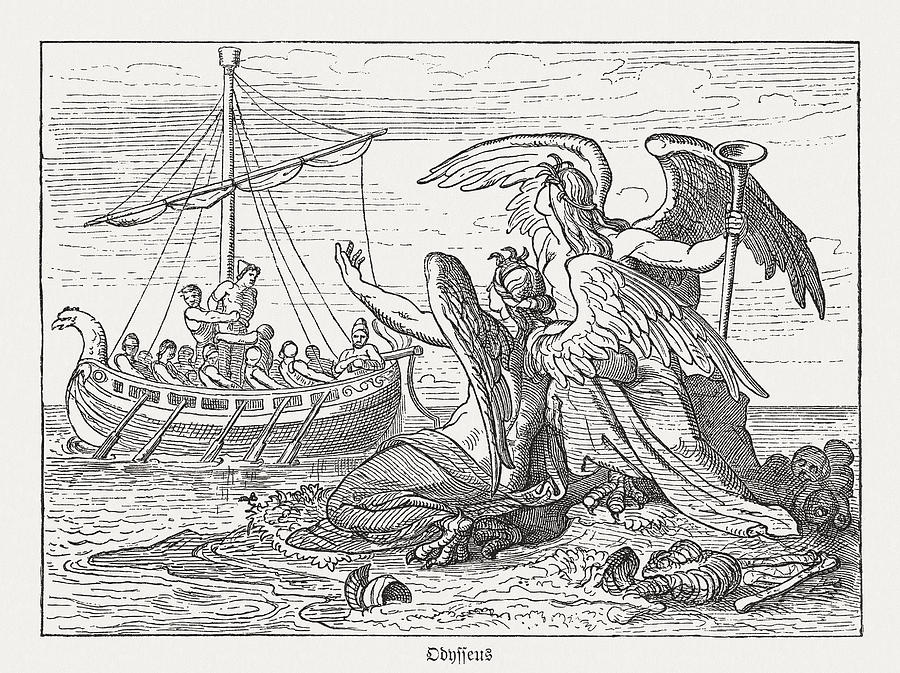 Ulysses and Sirens, Greek mythology, wood engraving, published in 1880 Drawing by Zu_09