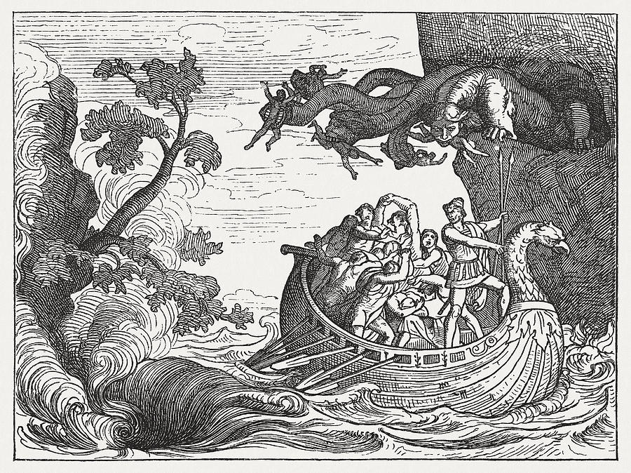 Ulysses and the Scylla, Greek mythology, wood engraving, published 1880 Drawing by Zu_09