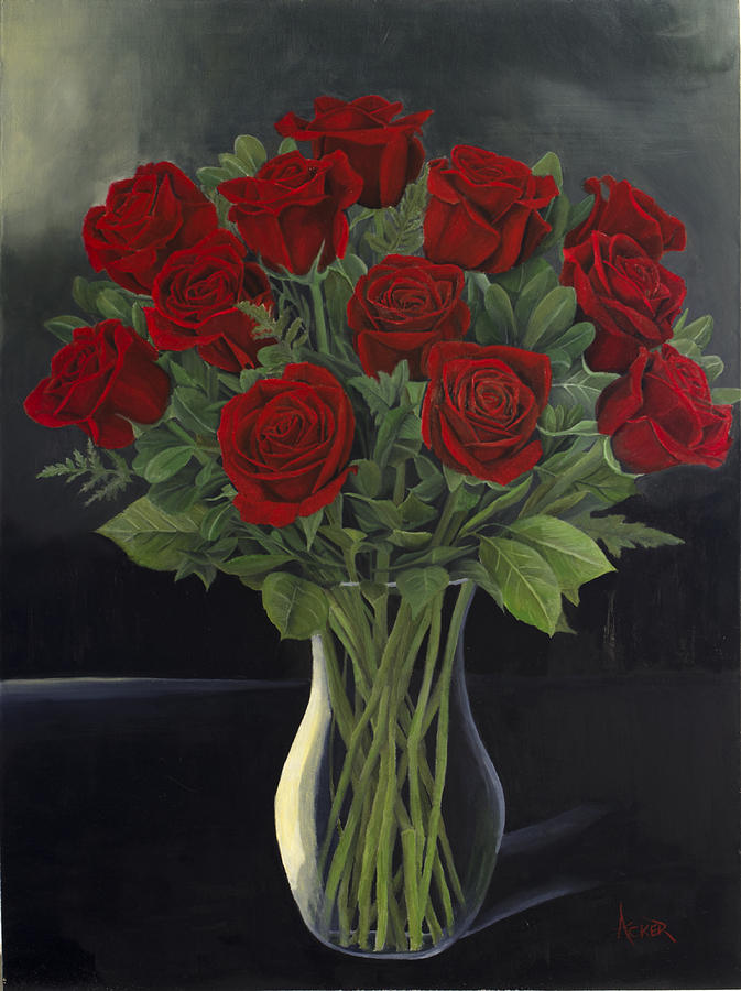 Rose Painting - Una dozzina di fallimenti - a dozen roses in vase by Aaron Acker