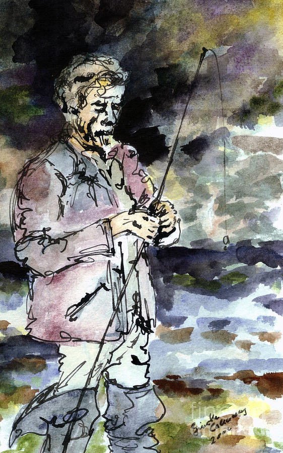Uncle Paul Fishing in the Pyrenees Mountains Painting by Ginette Callaway