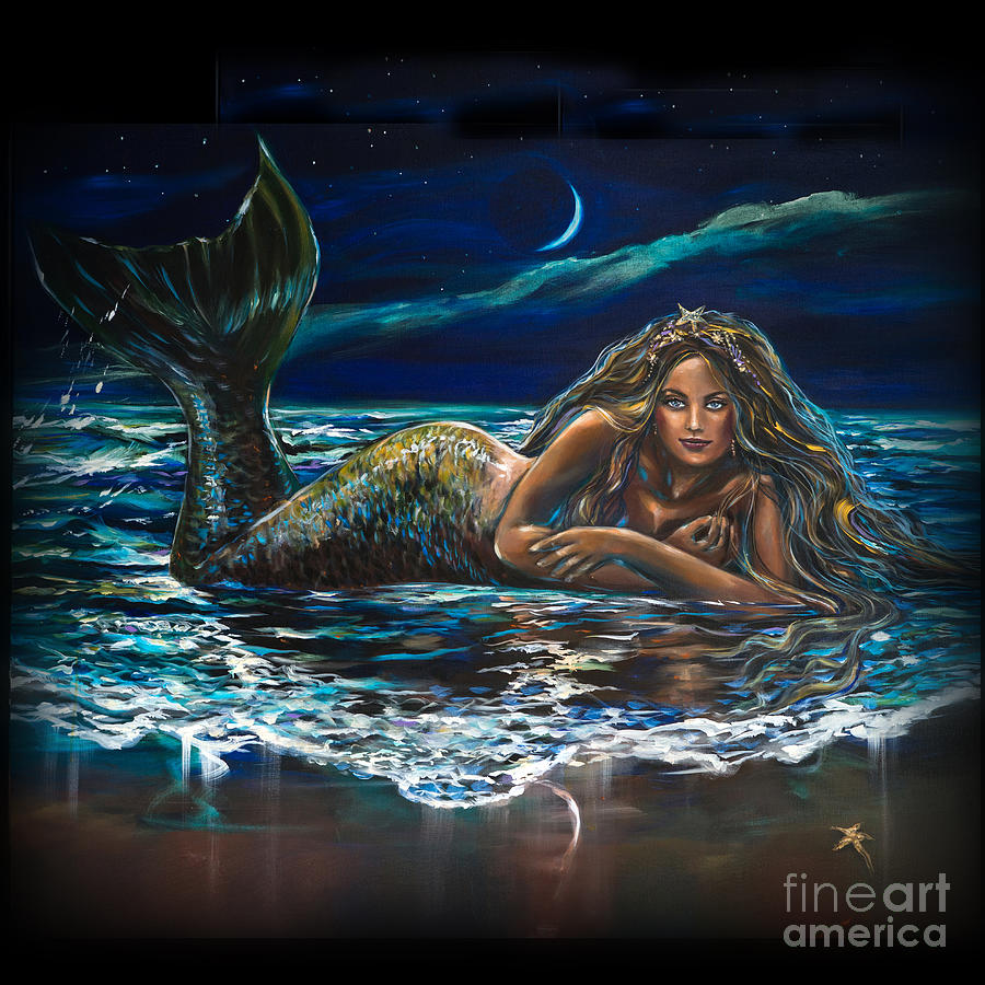 Under a Crescent Moon Mermaid Pillow Painting by Linda Olsen