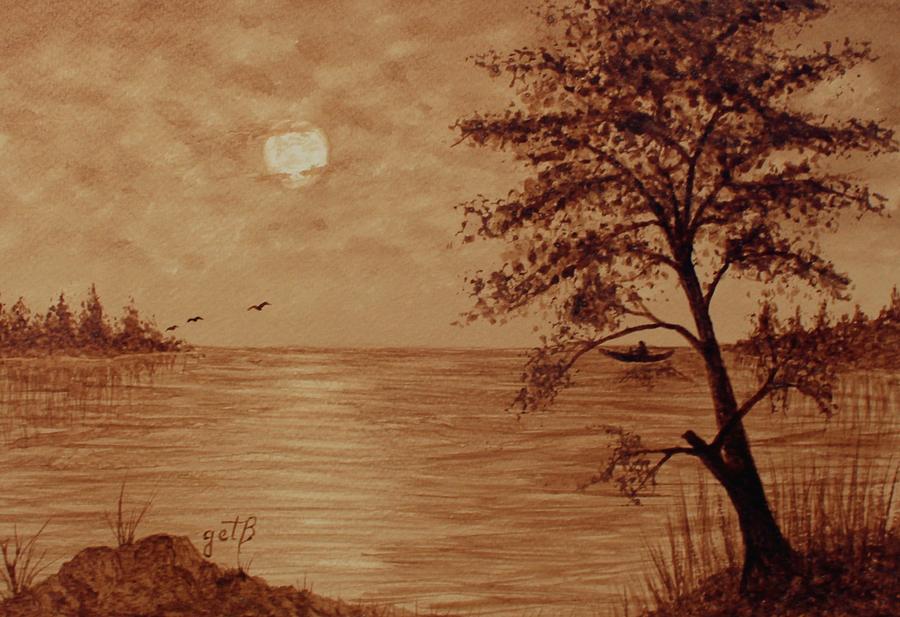 Nature Painting - Under Moonlight original coffee painting by Georgeta  Blanaru