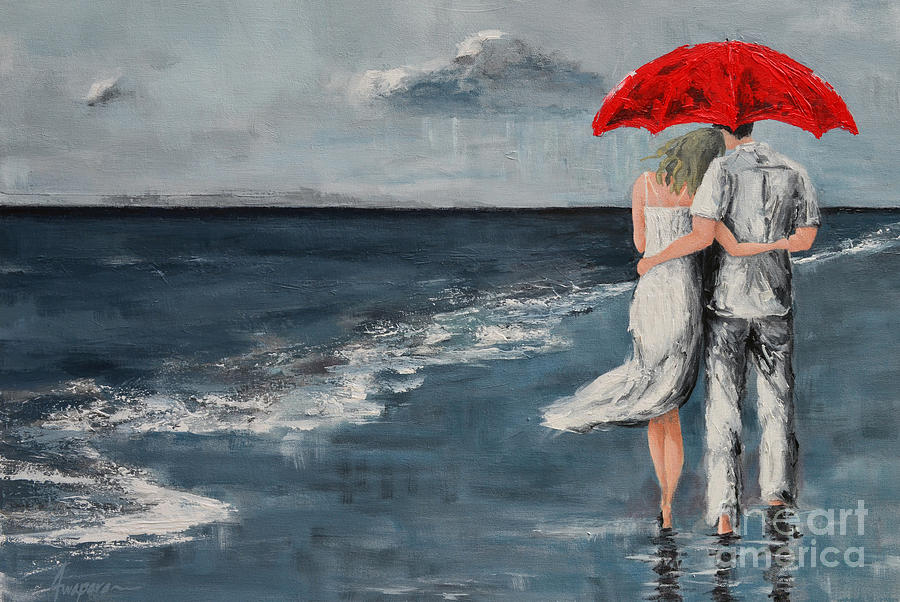 Under our Umbrella - Modern Impressionistic Art - Romantic Scene Painting by Patricia Awapara