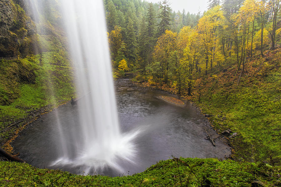 Under the Falls with Autumn Colors in Oregon Photograph by David Gn