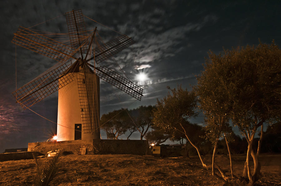 Vintage Windmill in Es Castell Villacarlos George Town in Minorca -  Under the moonlight Photograph by Pedro Cardona Llambias