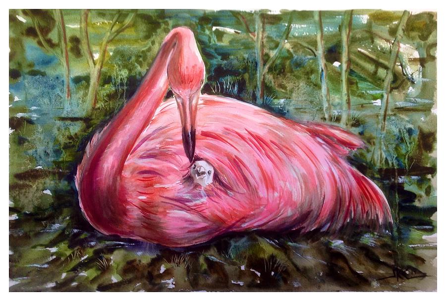 Flamingo Painting - Under the wing by Katerina Kovatcheva