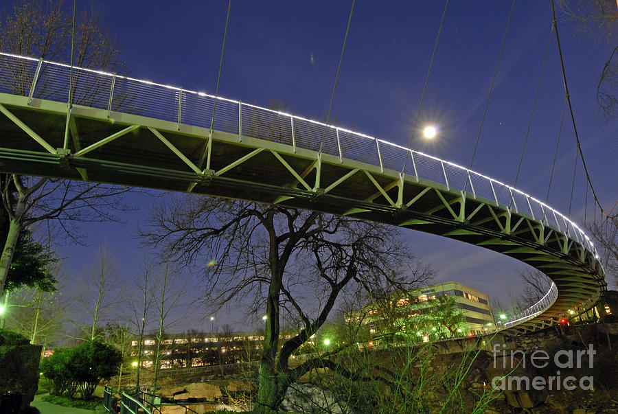 Underneath Liberty Bridge and a Full Moon in Downtown Greenville SC Photograph by Willie Harper