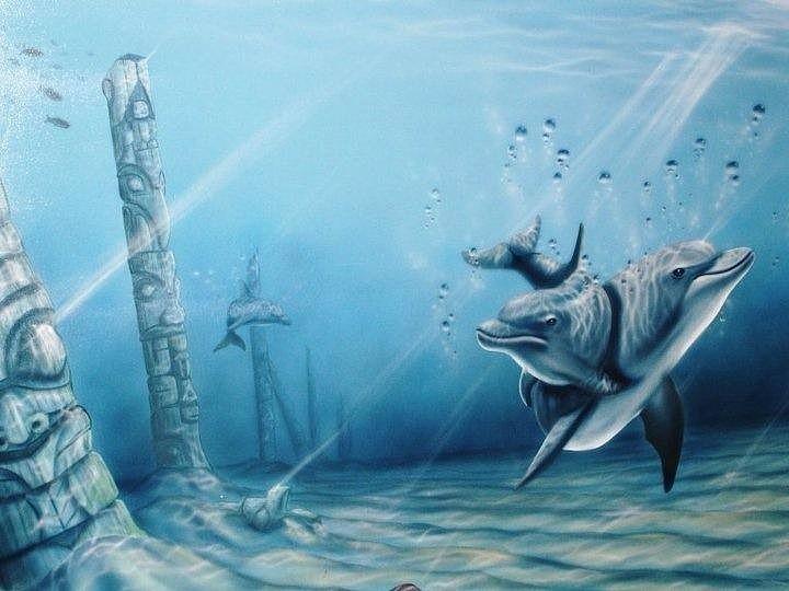 Dolphin Painting - Underwater dolphin totem pole sanctuary  by Kelly Everill