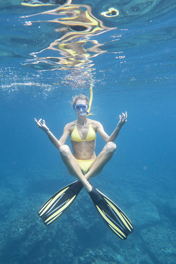 Underwater Yoga, Woman with Fins and Snorkel Photograph by 4fr