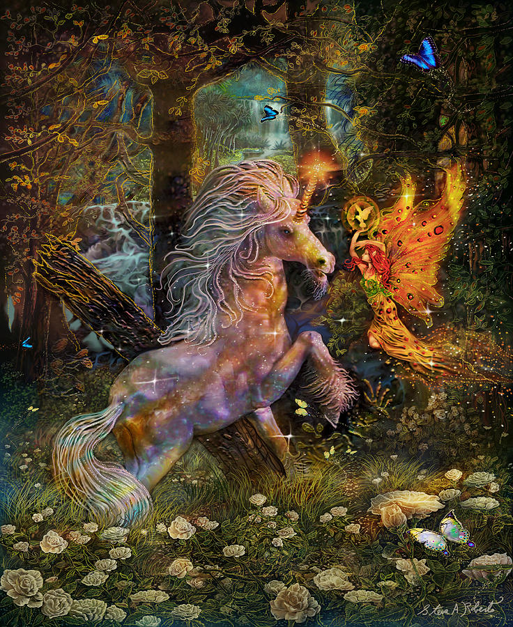 Unicorn Painting - Unicorn King-Angel tarot card by Steve Roberts