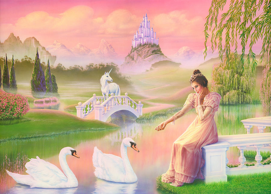 Castle Photograph - Unicorn Princess Swans on Lake by MGL Meiklejohn Graphics Licensing