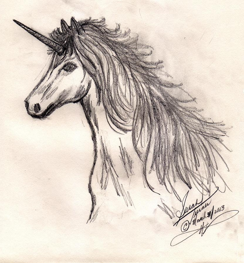 Pencil Sketch Drawing - Unicorn by Susan Turner Soulis.