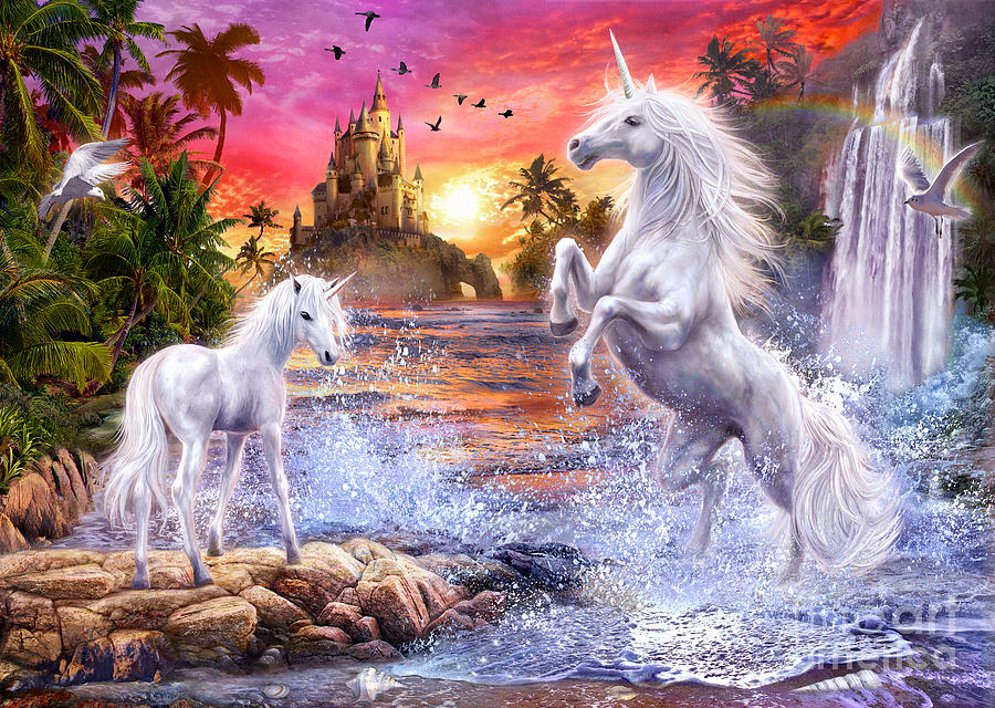 Unicorn Waterfall Sunset Digital Art by MGL Meiklejohn Graphics Licensing