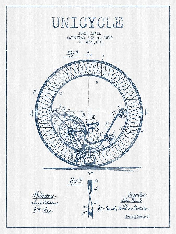 Unicycle Patent Drawing From 1892 - Blue Ink Digital Art