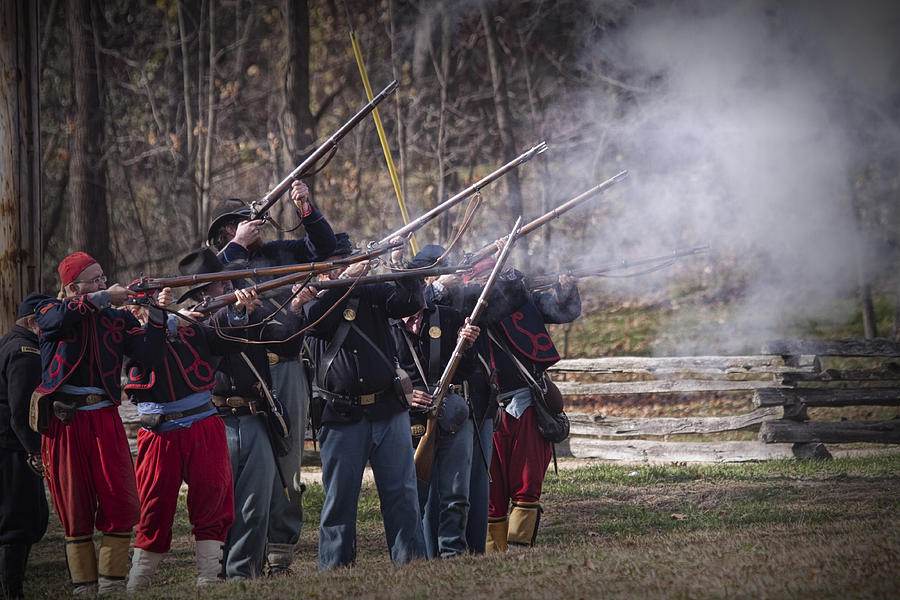 Union Civil War Union Troop Reenactors shooting with Muskets Photograph by Randall Nyhof