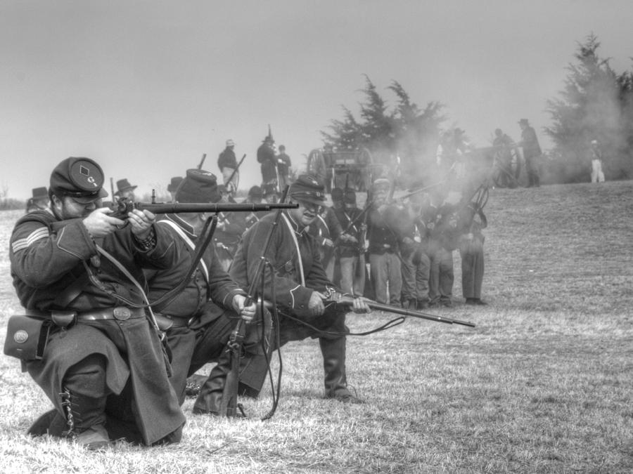 Black And White Photograph - Union Fireing Line Civil War by John Straton