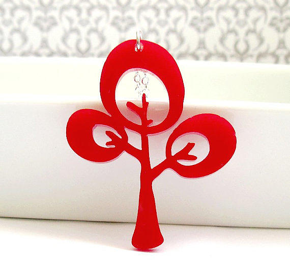 Tree Jewelry - Unique Red Tree Pendant Necklace by Rony Bank