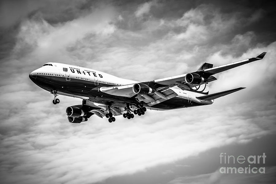 United Airlines Airplane In Black And White Photograph