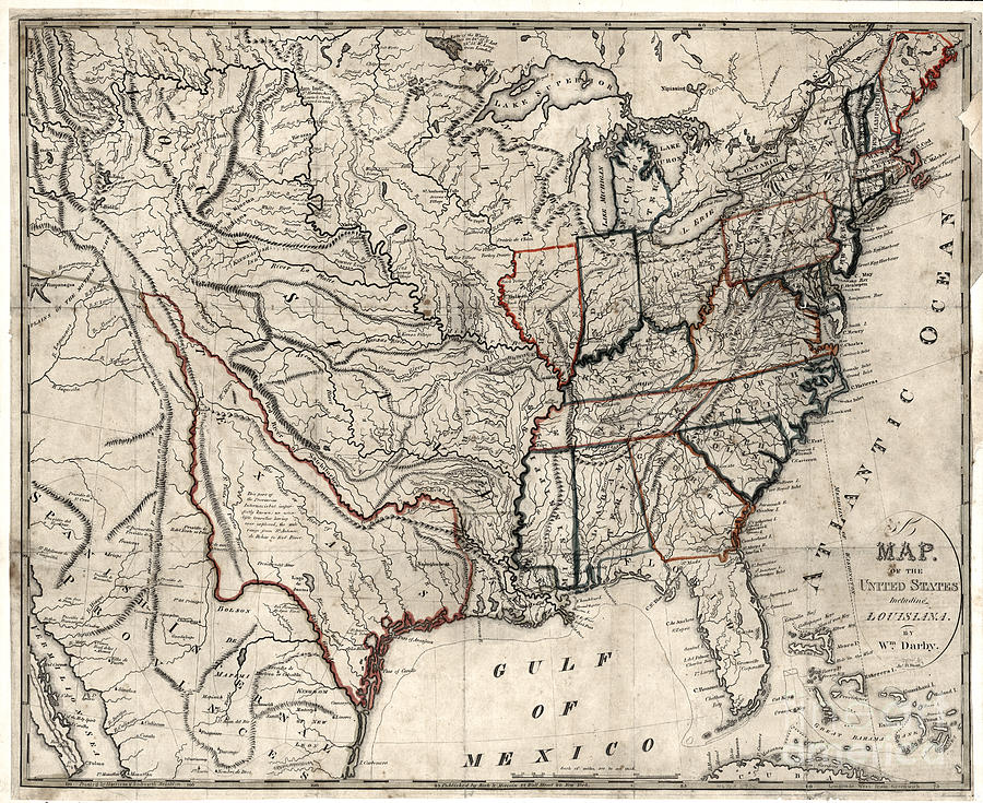 United States - Map including Louisiana - 1818 Drawing by Pablo Romero ...