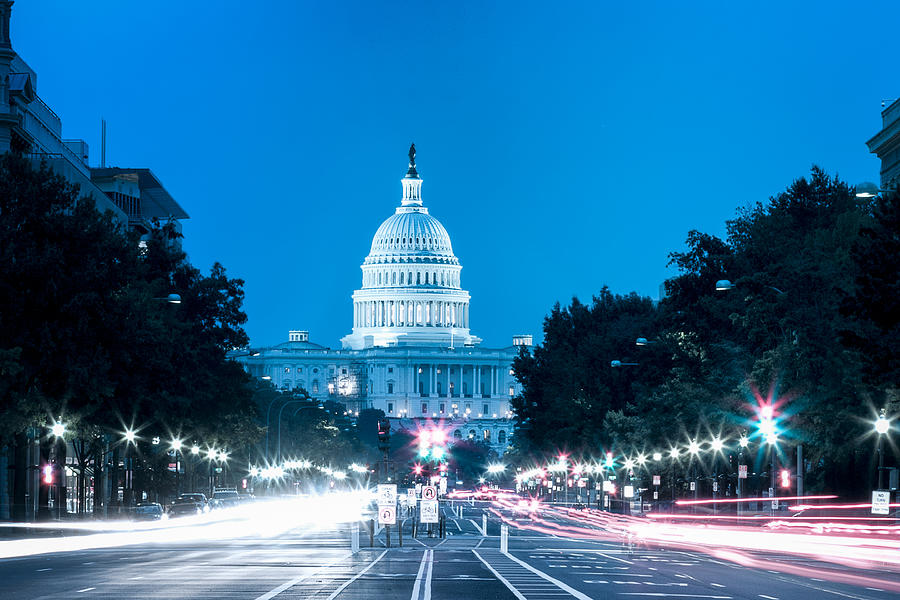 United States Capitol Building Night View with Car Lights Trails Photograph by Uschools