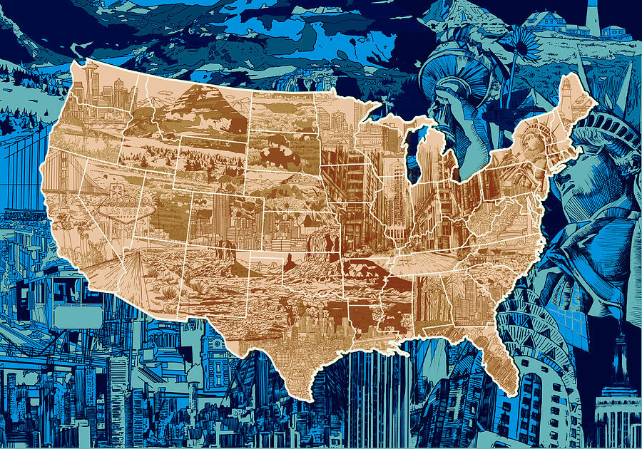 Abstract Painting - United States Drawing Collage Map  by Bekim M