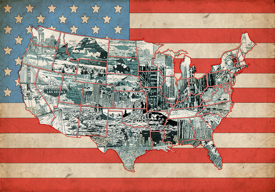 United States Flag Map Painting by Bekim M